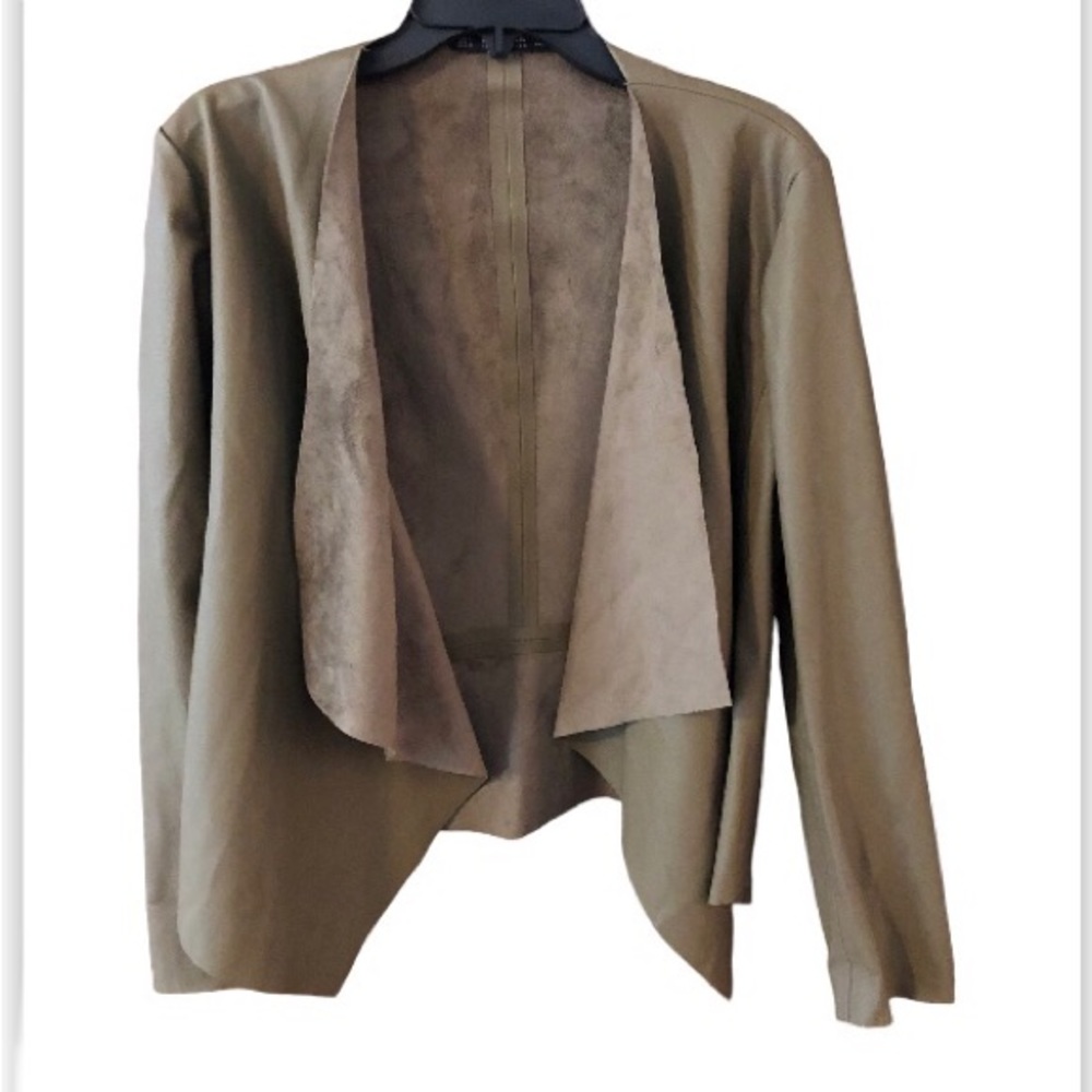 Zara Basic Leather Jacket, Khaki, Suede Lapels An… - image 1